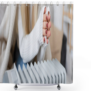 Personality  Cropped View Of Young Woman Covered In Blanket Warming Hands Near Radiator Heater, Banner Shower Curtains