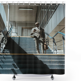 Personality  Young African American Businessman Using Smartphone While Walking On Stairs Shower Curtains