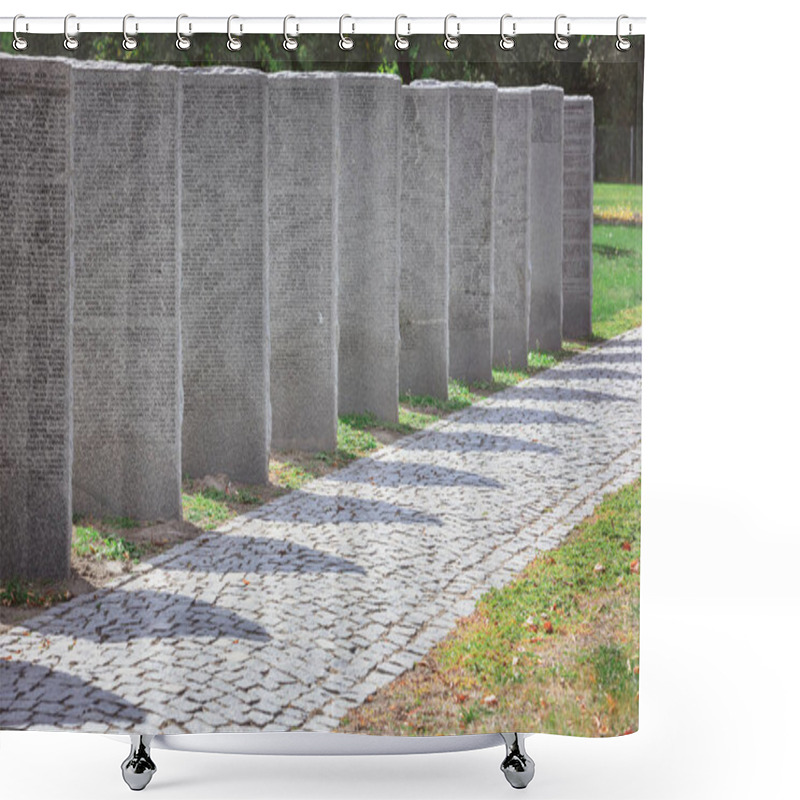 Personality  Memorial Gravestones With Lettering Placed In Row At Cemetery Shower Curtains