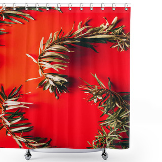 Personality  Full Frame Of Common Sea Buckthorn Branches Arranged On Red Background Shower Curtains