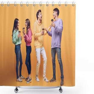 Personality  Happy Laughing Friends Talking And Holding Coffee To Go, On Yellow Shower Curtains