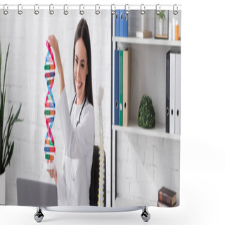 Personality  Positive Brunette Doctor Holding Dna Model Near Laptop In Clinic, Banner  Shower Curtains