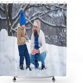 Personality  Happy Smiling Family On Sunny Winter Day. Winter Father And Son. Enjoying Nature Wintertime. The Morning Before Christmas. Merry Christmas And Happy New Year. Shower Curtains
