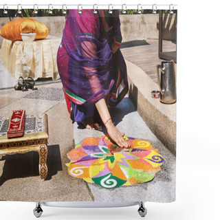 Personality  Women Decorating And Coloring Tradition Colorful Rice Art Or Sand Art (Rangoli) On The Floor With Paper Pattern Using Dry Rice And Dry Flour With Colored From Natural Pigments Like Sindoor, Haldi (turmeric) Shower Curtains