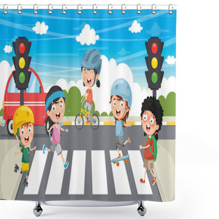 Personality  Vector Illustration Of Kids Walking Across Crosswalk Shower Curtains