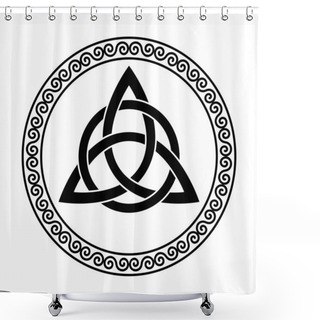 Personality  Triquetra With Circle Within A Circular Spiral Frame. Celtic Knot, A Triangular Figure, Used In Ancient Christian Ornamentation, Surrounded By A Border, Made Of Double Spirals. Illustration. Vector. Shower Curtains