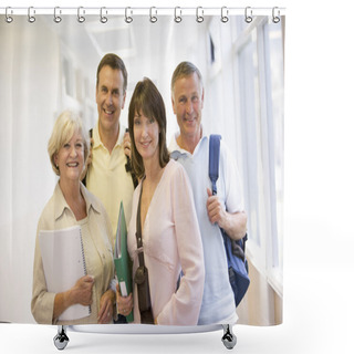 Personality  A Group Of Adult Students With Backpacks Standing In A Campus Co Shower Curtains