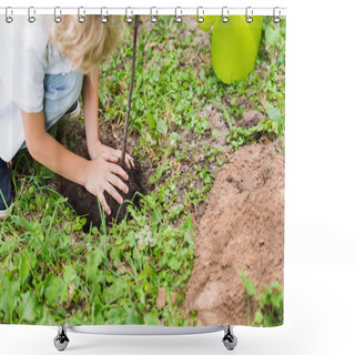 Personality  Cropped View Of Boy Planting Tree Seedling In Park Shower Curtains