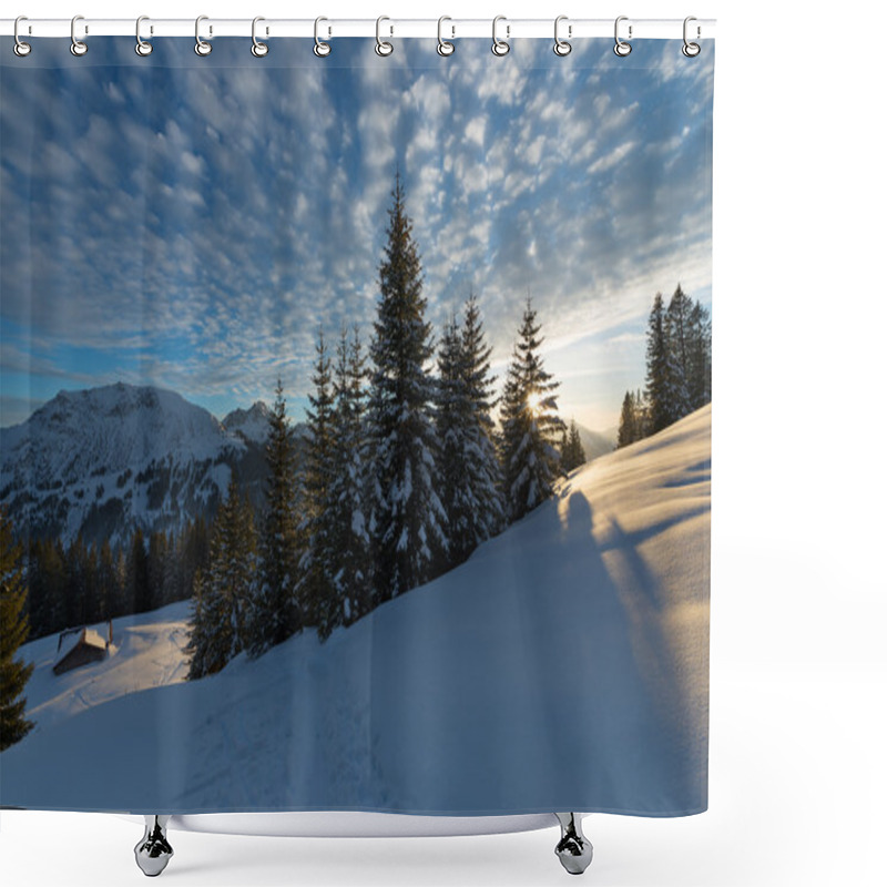 Personality  Sunset In Austrian Alps With Last Sunbeams Through Trees At Winter Shower Curtains