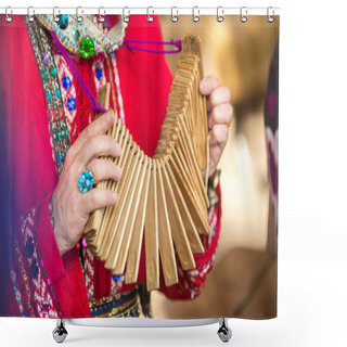 Personality  Male Hands Of A Caucasian Man, Dressed In Traditional Attire, Hold A Wooden Rattle Dance Instrument. Shower Curtains