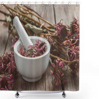 Personality  Mortar Of Healthy Echinacea Herbs And Dry Coneflower Bunch On Wooden Table. Shower Curtains
