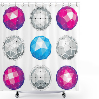 Personality  Set Of Vector Low Poly Spherical Objects With Connected Lines And Dots, 3d Geometric Wireframe Shapes. Perspective Trigonometry Facet Orbs Created With Triangles, Squares And Pentagons. Shower Curtains