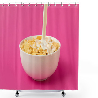 Personality  Close-up View Of Fresh Milk Pouring Into Bowl With Corn Flakes Isolated On Pink Shower Curtains