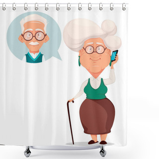 Personality  Grandparents Day Greeting Card. Grandmother Calling To Grandfather. Silver Haired Grandma And Grandpa. Pretty Cartoon Characters. Vector Illustration On White Background Shower Curtains