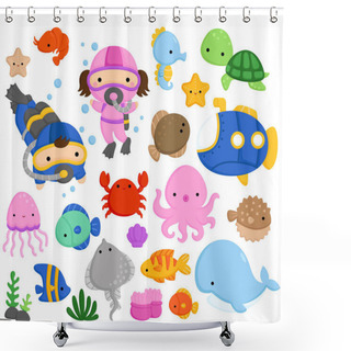 Personality  A Vector Set Of Cute And Simple Sea Animals Shower Curtains
