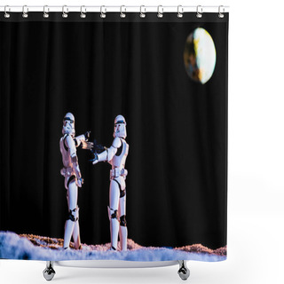 Personality  White Imperial Stormtrooper Aiming With Toy Gun At Another On Black Background With Planet Earth Shower Curtains