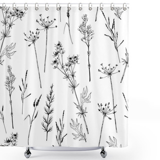 Personality  Seamless Pattern With Wild Plants, Herbs And Flowers. Shower Curtains