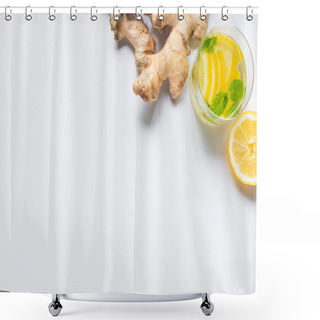 Personality  Top View Of Fresh Lemonade In Glass Near Lemon And Ginger Root On White Background Shower Curtains