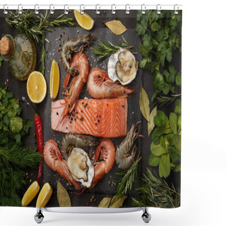 Personality  Raw Salmon And Assorted Seafood With Herbs And Lemons On Dark Background Shower Curtains