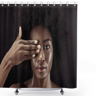 Personality  Attractive African American Woman Covering Eye With Hand Isolated On Black Shower Curtains