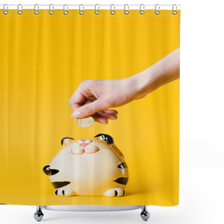 Personality  Cropped Shot Of Woman Putting 50 Euro Cent Into Still Bank Isolated On Yellow Shower Curtains