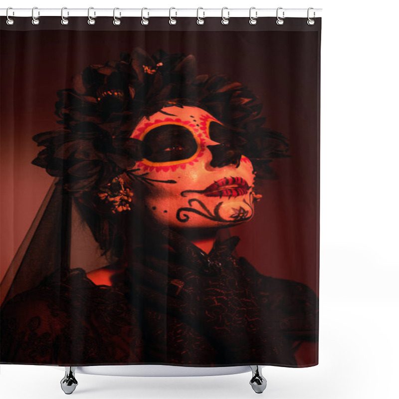 Personality  Portrait Of Woman In Costume And Catrina Makeup On Burgundy Background With Red Lighting  Shower Curtains