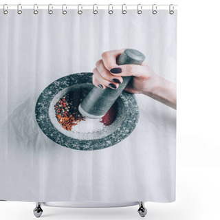 Personality  Cropped Image Of Woman Grinding Spices In Mortar On White Table Shower Curtains