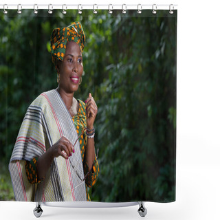 Personality  Smiling Woman Holding Glasses Outdoors Shower Curtains
