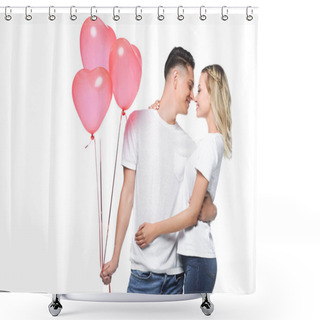 Personality  Couple Going To Kiss, Boyfriend Holding Bundle Of Heart Shaped Balloons Isolated On White Shower Curtains