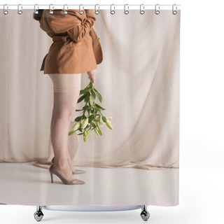 Personality  Cropped View Of Adult Woman Standing On Curtain Background With Flowers In Hands Shower Curtains
