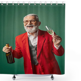 Personality  Cheerful Man Dressed As Santa With Beard Enjoying Champagne And Smiling Sincerely, Winter Concept Shower Curtains