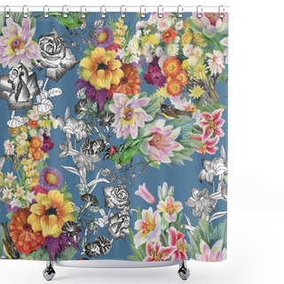 Personality  Birds With Flowers Seamless Pattern Shower Curtains