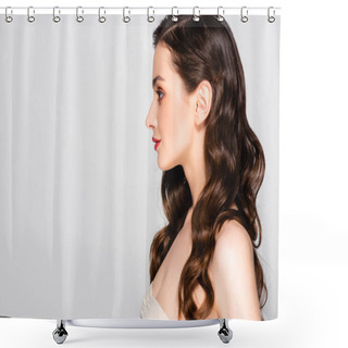Personality  Side View Of Beautiful Brunette Woman With Curls And Makeup Isolated On Grey Shower Curtains
