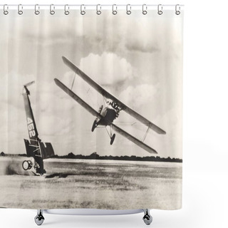 Personality  Biplane Flying By Crashed Air Vehicle Shower Curtains