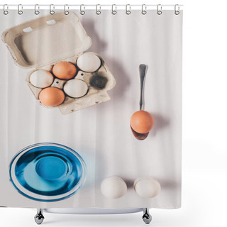 Personality  Top View Of Glass With Blue Paint And Chicken Eggs On Egg Tray, Easter Concept Shower Curtains