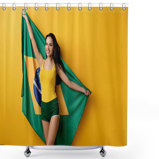 Personality  Smiling Female Football Fan In Shorts Holding Brazilian Flag On Yellow  Shower Curtains