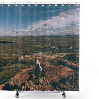 Personality  Back View Of Young Woman Standing On Cliff And Looking At Majestic Landscape In Iceland Shower Curtains