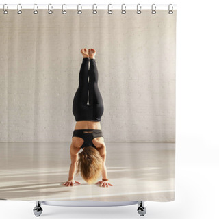 Personality  Back View Of Athletic Girl With Barefoot Doing Handstand In Yoga Studio  Shower Curtains