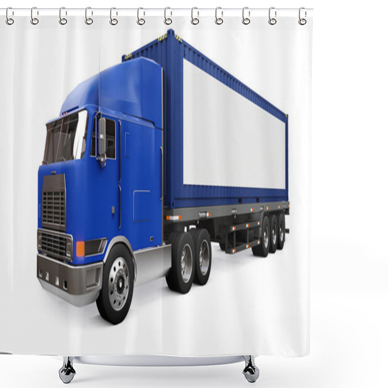 Personality  A Large Retro Truck With A Sleeping Part And An Aerodynamic Extension Carries A Trailer With A Sea Container. On The Side Of The Truck Is A Blank White Poster For Your Design. 3d Rendering. Shower Curtains