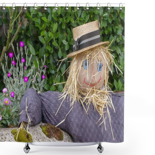 Personality  Happy Straw Haired Rustic Scarecrow With Boater, Resting With Arm On The Top Of A Moss Covered Wall. Naturally Growing Flowers And Foliage Background. Landscape Image With Space For Text. England. Shower Curtains