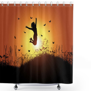 Personality  Girl Jumping Against Sunset Sky Shower Curtains