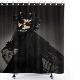Personality  Woman With Catrina Makeup And Dark Wreath On Head Looking At Camera On Black Background  Shower Curtains
