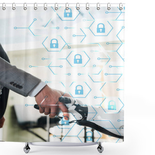 Personality  Partial View Of Businessman And Robot Shaking Hands In Office, Padlocks Illustration Shower Curtains