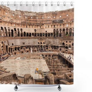 Personality  ROME, ITALY - JUNE 28, 2019: Ruins Of Colosseum And Crowd Of Tourists Under Grey Sky Shower Curtains