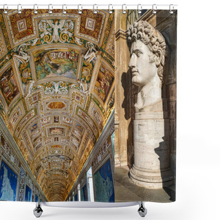 Personality  Caesar Augustus Head Statue Near Paintings On Walls And Ceiling In Gallery Of Maps At Vatican Museum Shower Curtains