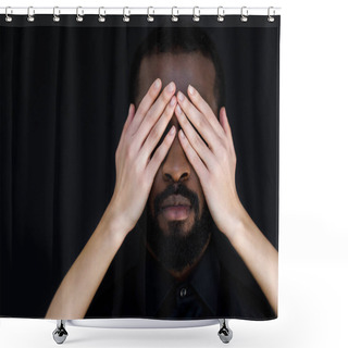 Personality  Cropped Image Of Girlfriend Closing Eyes Of African American Boyfriend Isolated On Black Shower Curtains