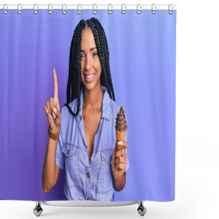 Personality  Beautiful Hispanic Woman Eating Ice Cream Smiling With An Idea Or Question Pointing Finger With Happy Face, Number One  Shower Curtains