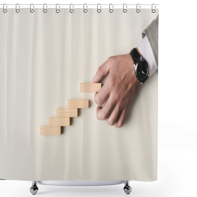 Personality  Cropped View Of Man Putting Wooden Brick On Top Of Wooden Blocks Symbolizing Career Ladder Isolated On White Shower Curtains