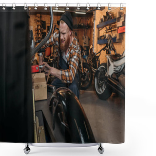 Personality  Emotional Bike Repair Station Worker Trying To Fix Bike At Garage Shower Curtains