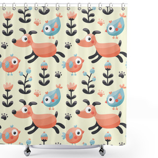Personality  Seamless Cute Pattern Made With Dog, Birds, Flowers, Paw, Trace, Plants, Berries Shower Curtains